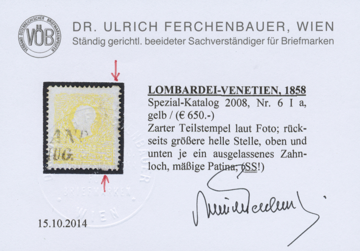 O Österreich - Lombardei Und Venetien: 1858, 1 Soldi Gelb Mit Oben Und Unten Ausgelassenem Zahnloch Sowie Helle - Lombardo-Vénétie