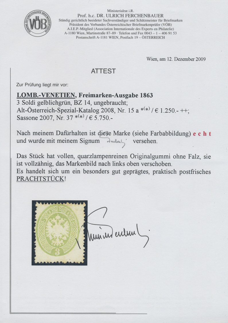 ** Österreich - Lombardei Und Venetien: 1863. 3 Soldi Gelblichgrün. FA Ferchenbauer (2009): "Das Stück Hat Vollen - Lombardo-Vénétie