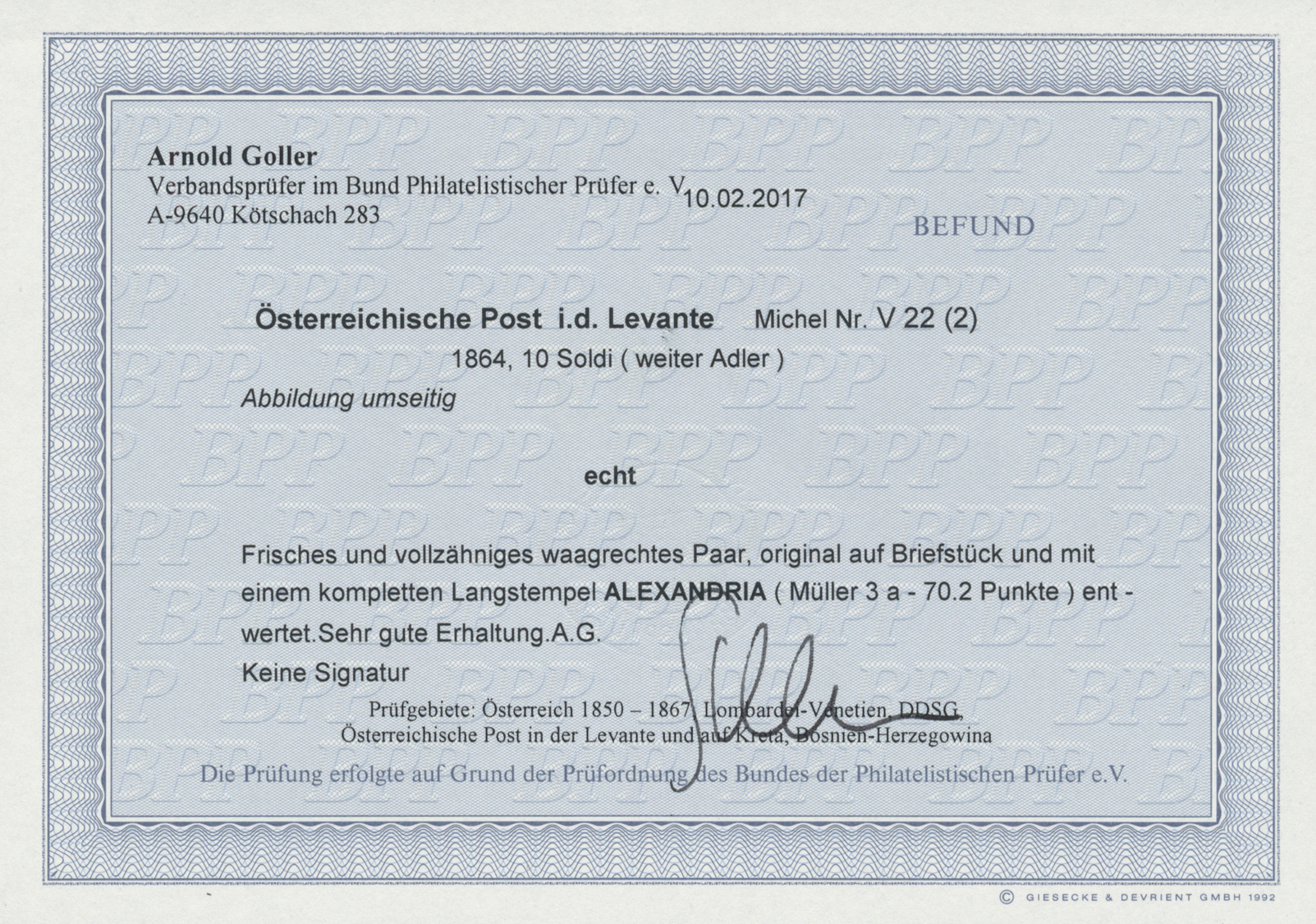 Brrst Österreichische Post In Der Levante: 1864, 10so. Blue, Horiz. Pair On Piece, Neatly Oblit. By Straight Line "A - Eastern Austria