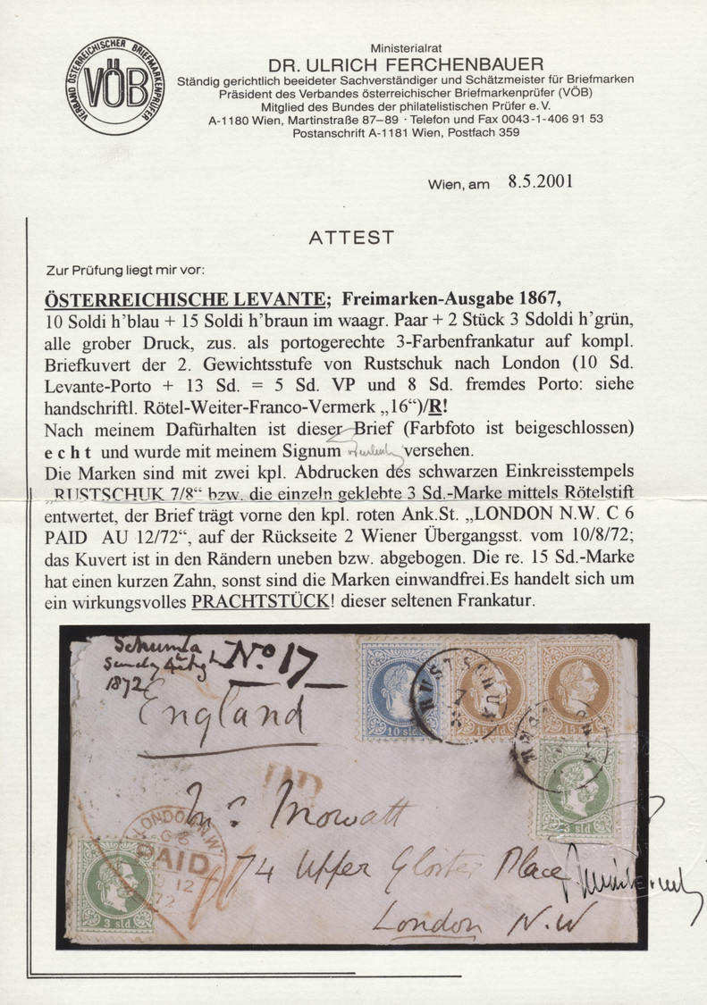 Br Österreichische Post In Der Levante: 1867: 3 S. Grün, Zwei Exemplare, Mit 10 S. Blau Und Paar 15 S. Hellbraun, - Levant Autrichien