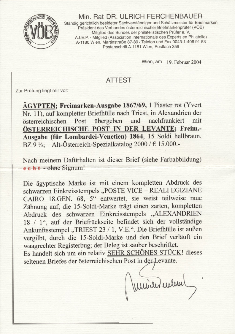 Br Österreichische Post In Der Levante: 1868: 1 Pia. Rot, K1 "POSTE VICE - REALI EGIZIANE CAIRO 18/GEN/68", In Mi - Levant Autrichien