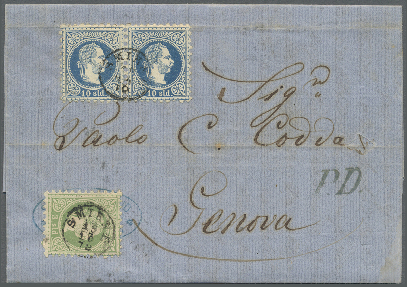 Br Österreichische Post In Der Levante: 1872, 3 Sld. Grün Und 10 Sld. Blau Im Waager. Paar Auf Kpl. PD-Faltbrief - Levant Autrichien
