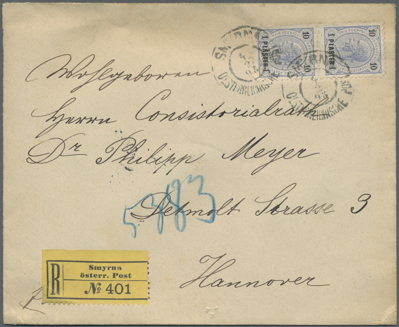 Br Österreichische Post In Der Levante: 1898, Registered Envelope From "SMYRNA OESTERR.POST" Bearing Vertical Pai - Levant Autrichien
