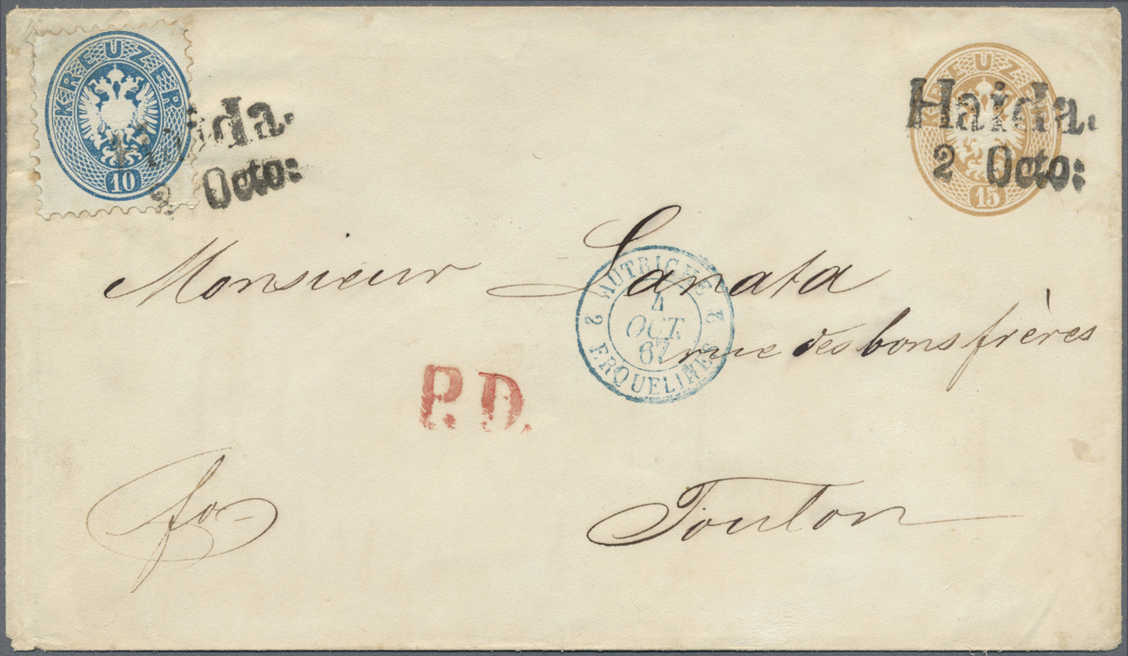 GA Österreich - Ganzsachen: 1863, Ovalausgabe GA-Umschlag 15 Kr. Braun Mit WZ Und Zusatzfrankatur 10 Kr. Blau, We - Other & Unclassified