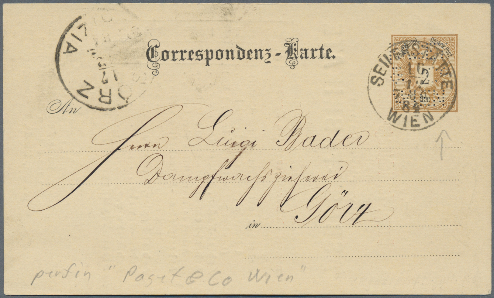 GA Österreich - Ganzsachen: 1884, Karte 2 Kr. Mit Firmenlochung "Paget& Co. Wien" Ab "SEILERSTADT  WIEN 15/12 84" - Autres & Non Classés