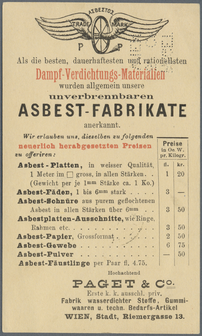 GA Österreich - Ganzsachen: 1884, Karte 2 Kr. Mit Firmenlochung "Paget& Co. Wien" Ab "SEILERSTADT  WIEN 15/12 84" - Autres & Non Classés