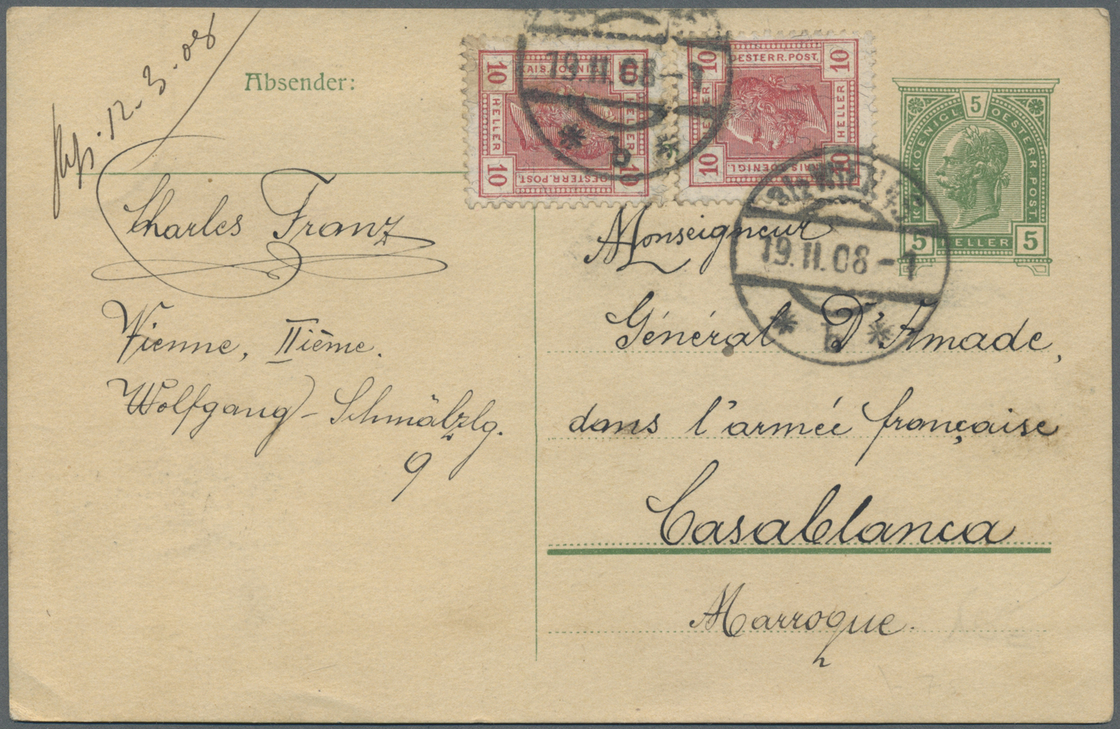 GA Österreich - Ganzsachen: 1908: 5 H Ganzsache Franz Josef Mit Zusatzfrankatur 2x 10 Heller Rot Addressiert An D - Other & Unclassified