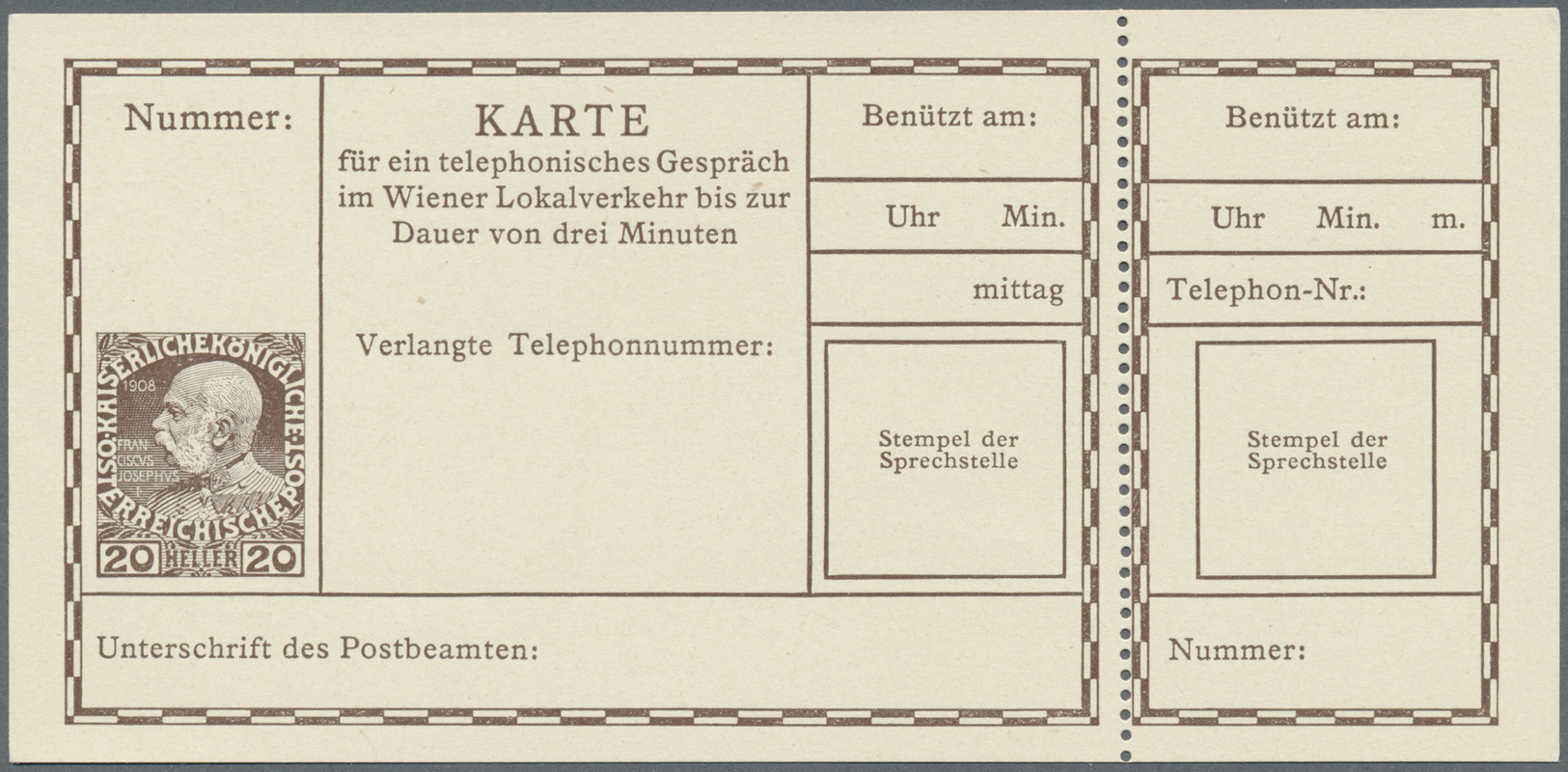 GA Österreich - Ganzsachen: 1908, Telefonkarte Kaiser Franz Joseph 20 H. Braun Auf Sämischem Karton ('... Für Ein - Sonstige & Ohne Zuordnung