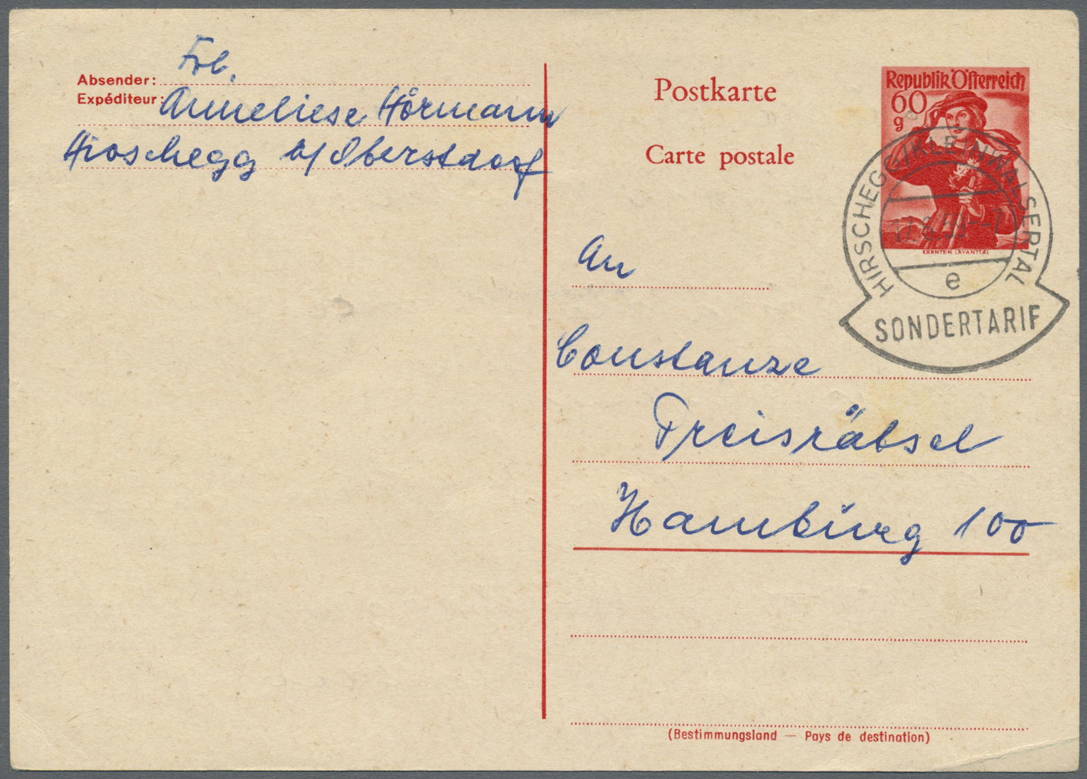 GA Österreich - Ganzsachen: 1959 (17.6.), Postkarte Trachten 60 Gr. Von HIRSCHEGG/KLEINWALSERTAL (Sondertarif) Na - Other & Unclassified