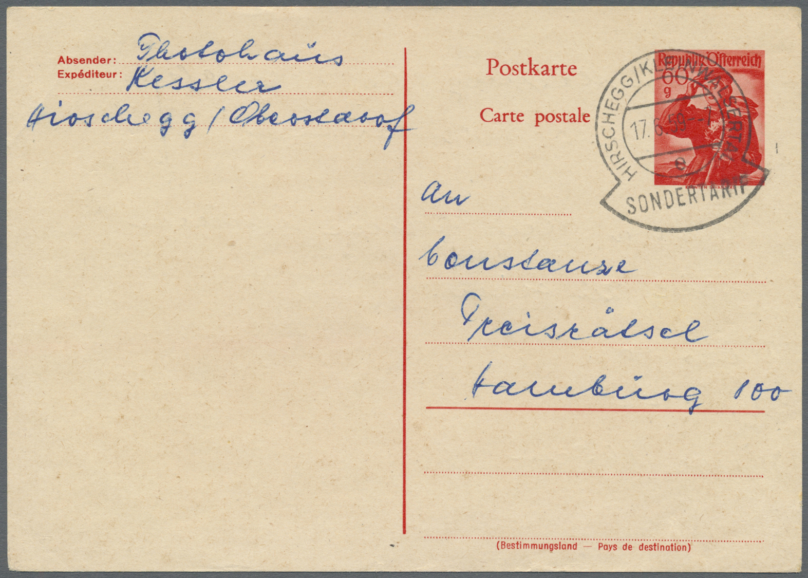 GA Österreich - Ganzsachen: 1959 (17.6.), Postkarte Trachten 60 Gr. Von HIRSCHEGG/KLEINWALSERTAL (Sondertarif) Na - Other & Unclassified