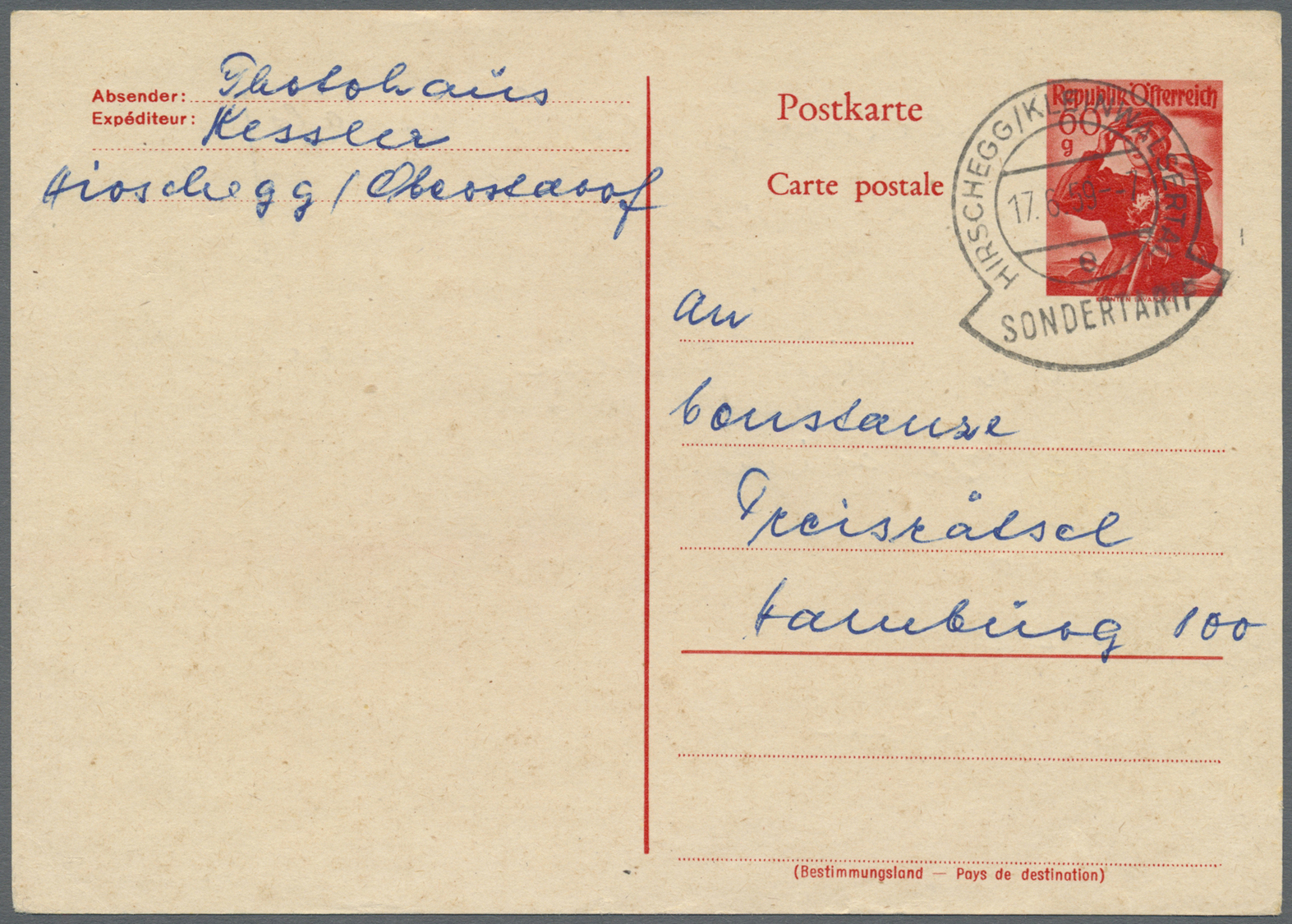 GA Österreich - Ganzsachen: 1959 (17.6.), Postkarte Trachten 60 Gr. Von HIRSCHEGG/KLEINWALSERTAL (Sondertarif) Na - Autres & Non Classés