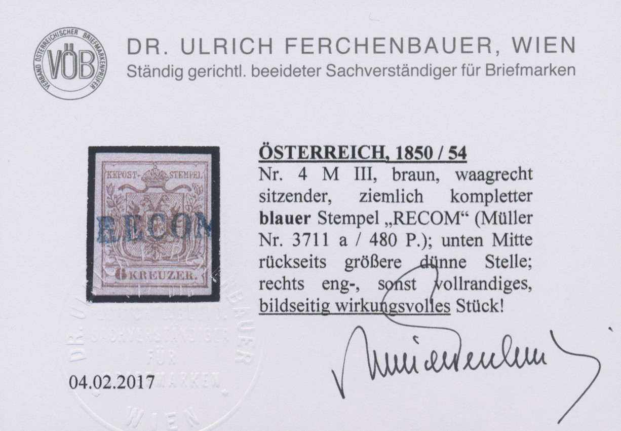 O Österreich - Stempel: "RECOM.", L1 In Blau Auf 6 Kr Braun Maschinenpapier. Fotobefund Ferchenbauer: "wirkungsv - Franking Machines (EMA)