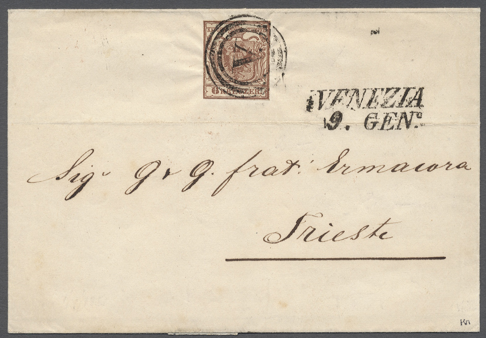 Br Österreich - Stempel: "V" (Lomb. & Venetien), Stummer K3 (Mü.259f), Ng. L2 "VENEZIA 9/GEN" (1851), Klar Auf 6 - Machines à Affranchir (EMA)