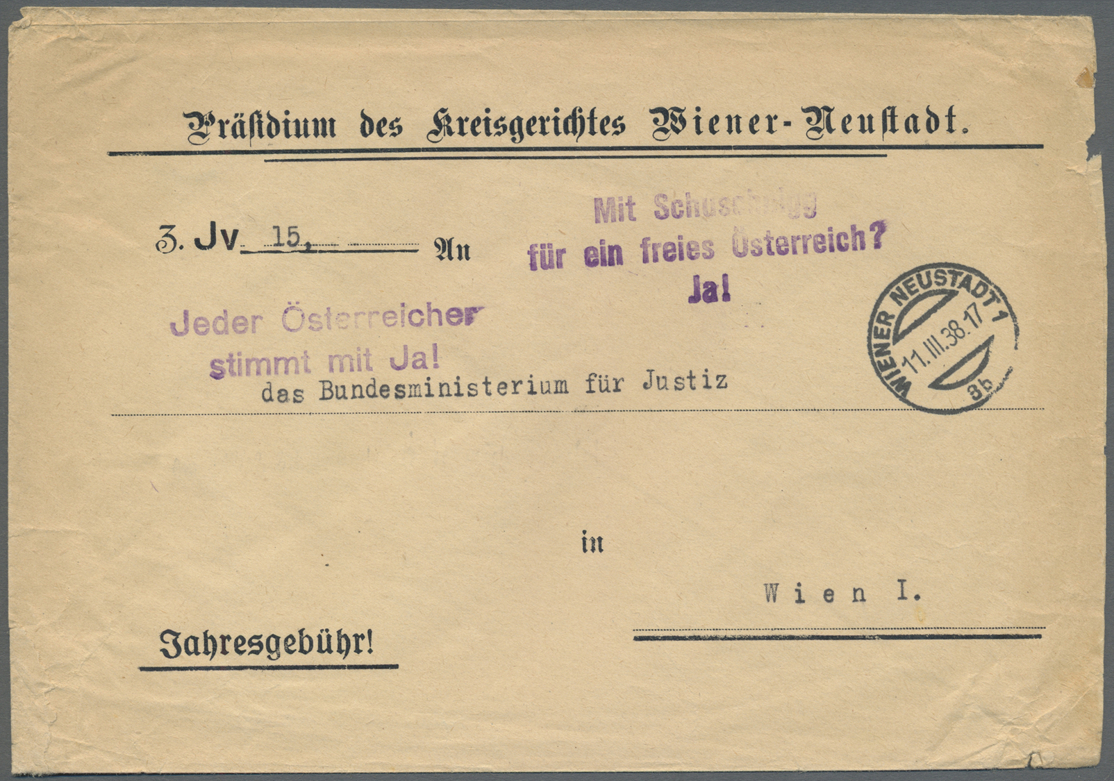 Br Österreich - Besonderheiten: 1938 (11.3.), Portofreier Dienstbrief Des 'Präsidium Des Kreisgerichtes' Von Wien - Other & Unclassified