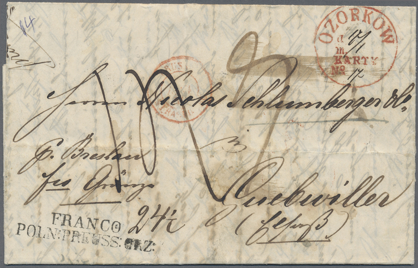 Br Polen - Vorphilatelie: 1850: Complete Letter From OZORKOW - Date M/s 17/5 In Red Circle, Red LECZICA On Back, - ...-1860 Préphilatélie