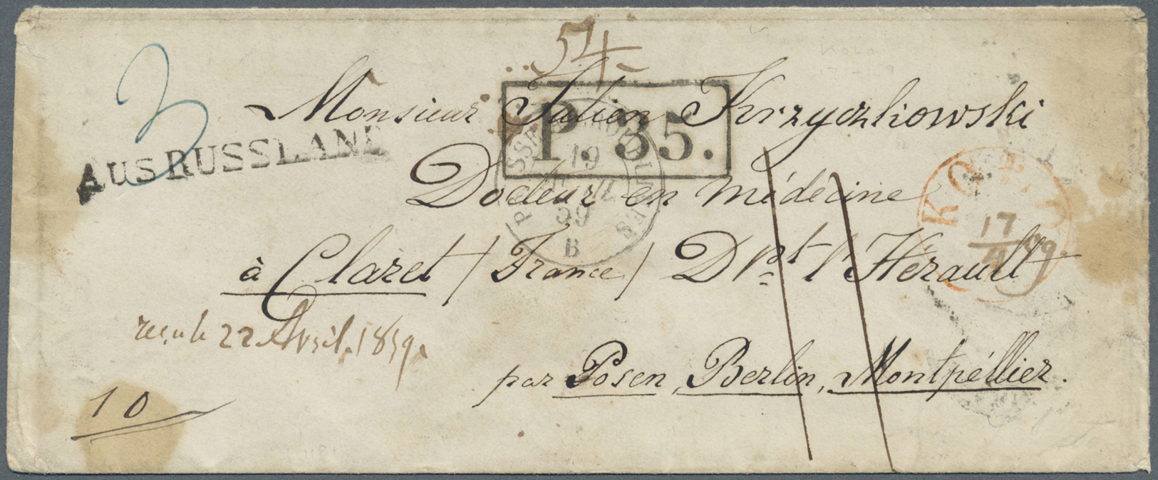 Br Polen - Russische Periode: 1859, Cover From Koło To Claret/France, Red C.d.s. "Koło 17 /4" (date Strengthened - Autres & Non Classés