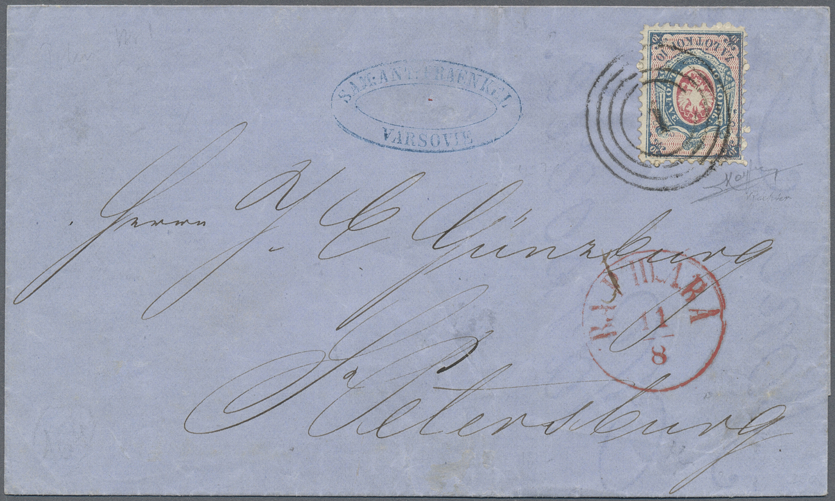 Br Polen: 1860, 10kop. Blue/rose, Fresh Colour, Well Perforated On Lettersheet (slight Inaccurate Opening On Reve - Lettres & Documents