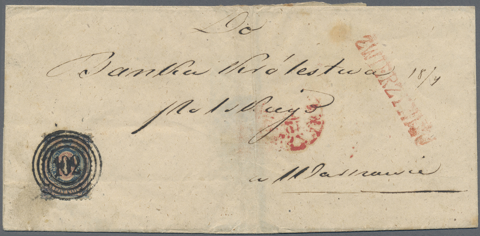 Br Polen: 1860, 10 Kop Blue/rose, Ideal Tied By Numeral "102" On Folded Letter Sent To Warschau With Beneath Red - Lettres & Documents