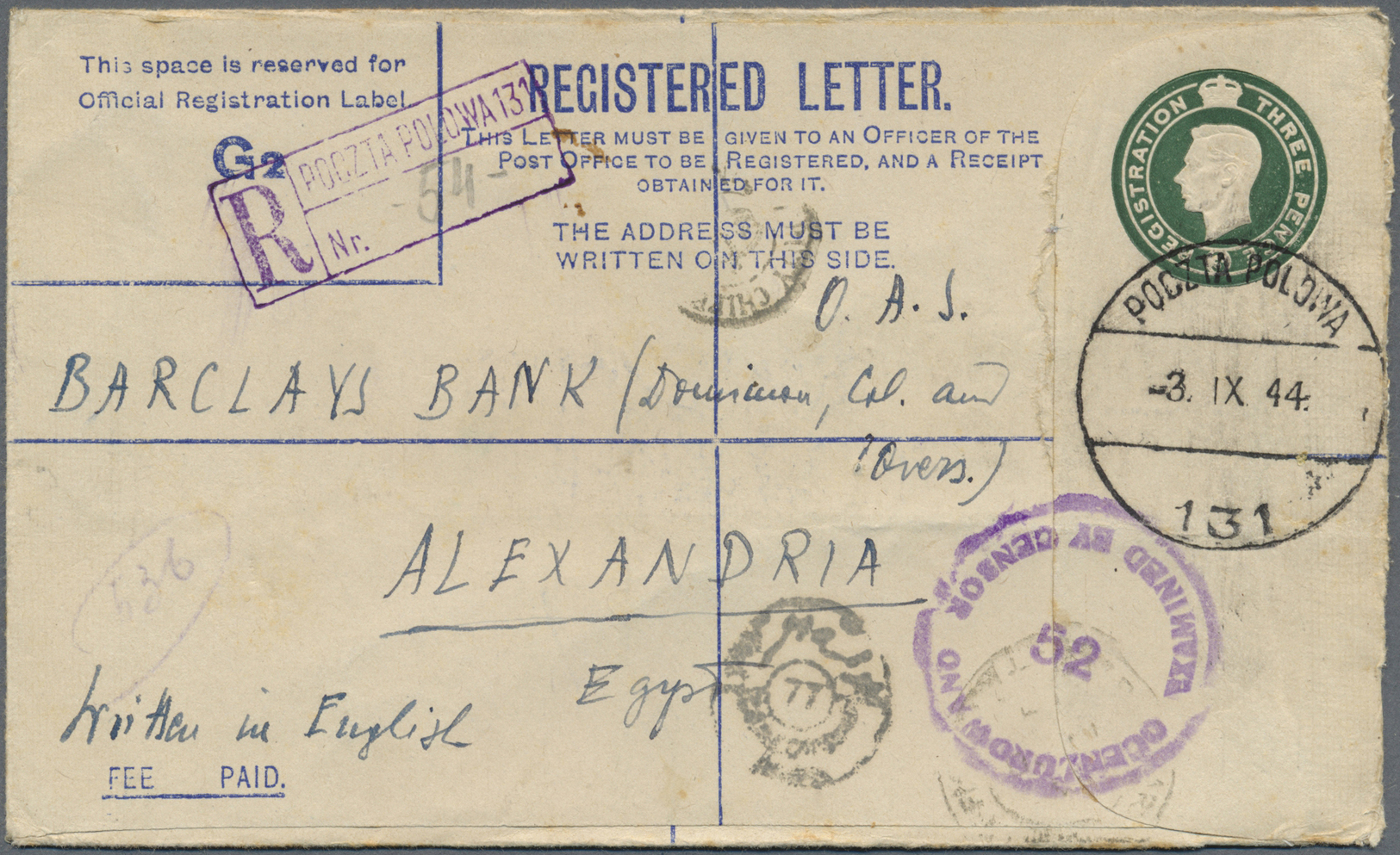 GA Polen: 1944. Registered Great Britain Postal Stationery Envelope 3d Green Addressed To Egypt Cancelled By 'Poc - Lettres & Documents