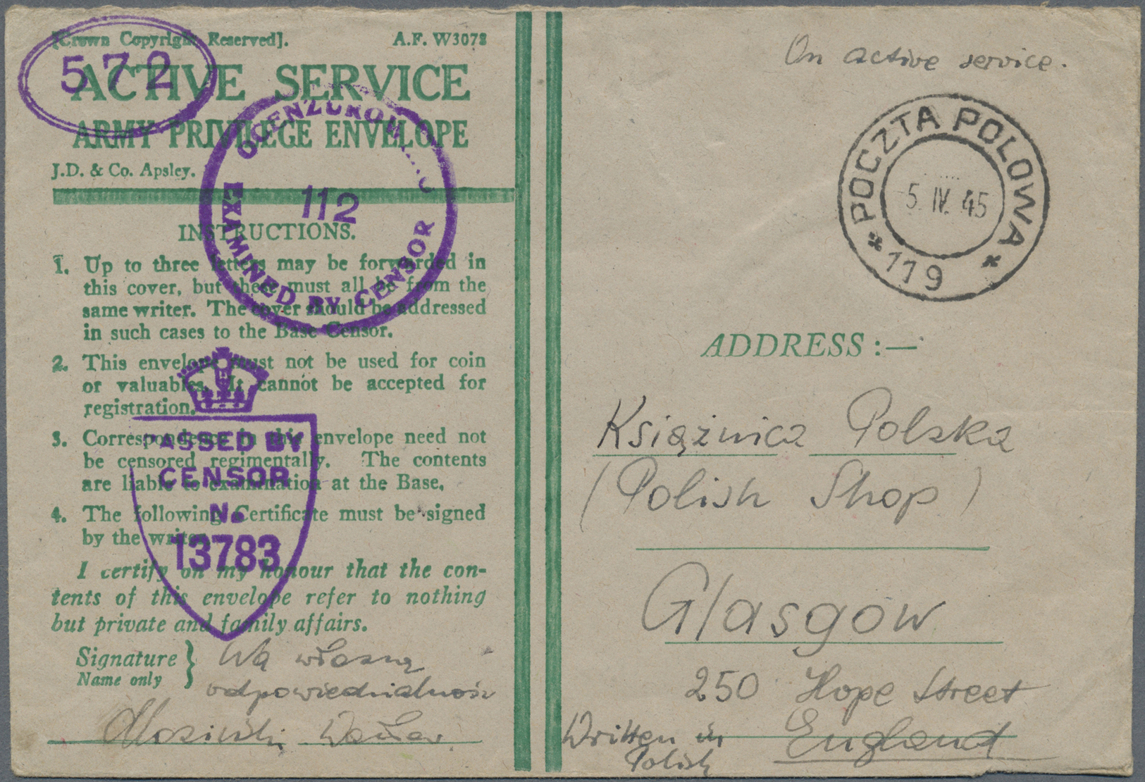 Br Polen: 1945. Stampless Envelope Headed 'Active Service/Army Privilege Envelope' Addressed To 'Polish Shop, Gla - Covers & Documents