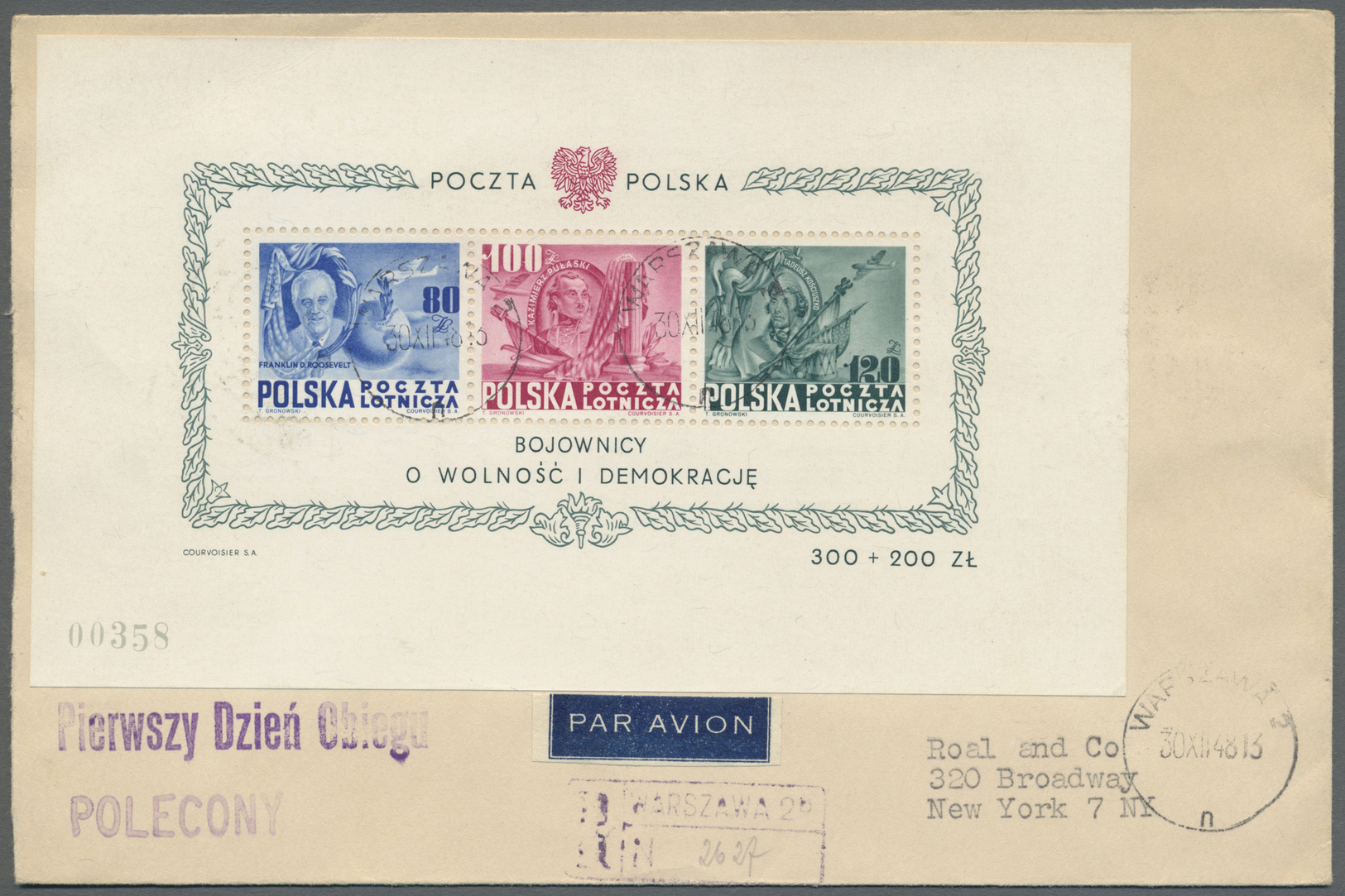 Polen: 1948, 160th Anniversary Of U.S. Constitution, Souvenir Sheet (no. 00358) On Registered Airmail F.d.c. F - Lettres & Documents