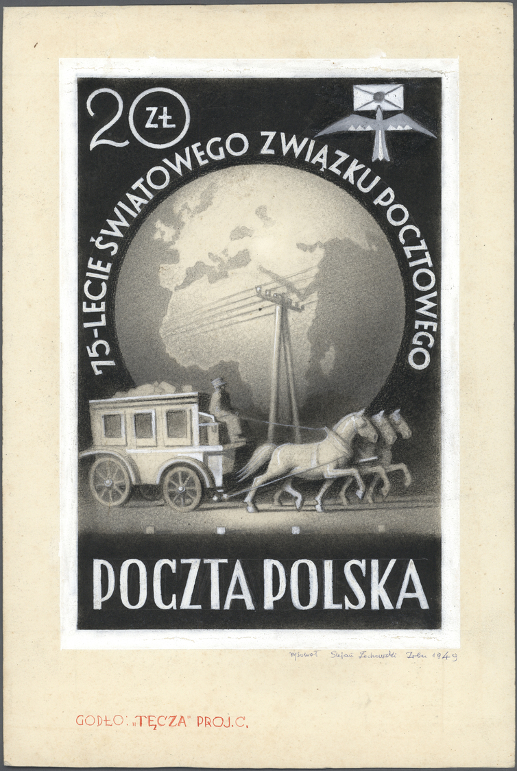 Polen: 1949. Set Of 3 Artist's Drawings For Non-adopted Designs For The Issue UPU 75th ANNIVERSARY Showing A G - Lettres & Documents