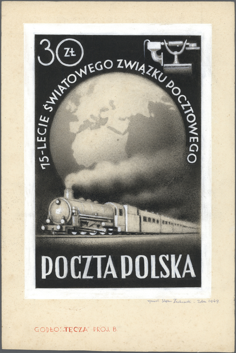 Polen: 1949. Set Of 3 Artist's Drawings For Non-adopted Designs For The Issue UPU 75th ANNIVERSARY Showing A G - Lettres & Documents