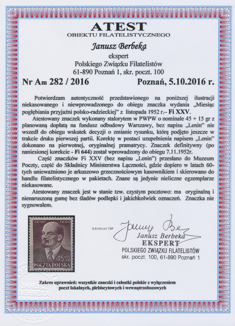 ** Polen: 1952, Wlademir Lenin 45 Gr. Brown With Error "inscription LENIN Missing", Mint Never Hinged, Unused An - Lettres & Documents