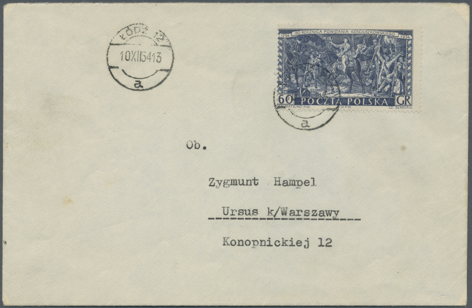 Br Polen: 1954, Tadeusz Kosiuszko 60 Gr. Blue, Perforated Proof Tied By Cds. "LODZ 10.XII.54" To Cover To Ursus, - Lettres & Documents