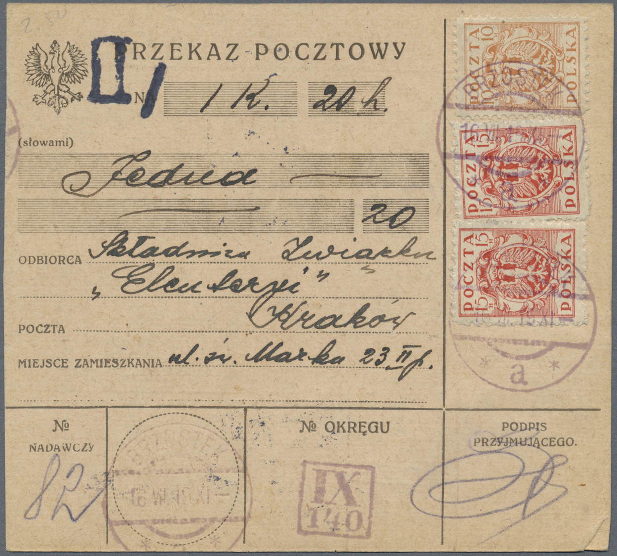Br Polen - Lokalausgaben 1915/19: 1919 Krakau 10 H Mit Handstempel-Rahmen "Porto" Mit Zwei Sternen Rs. Auf Zahlka - Other & Unclassified
