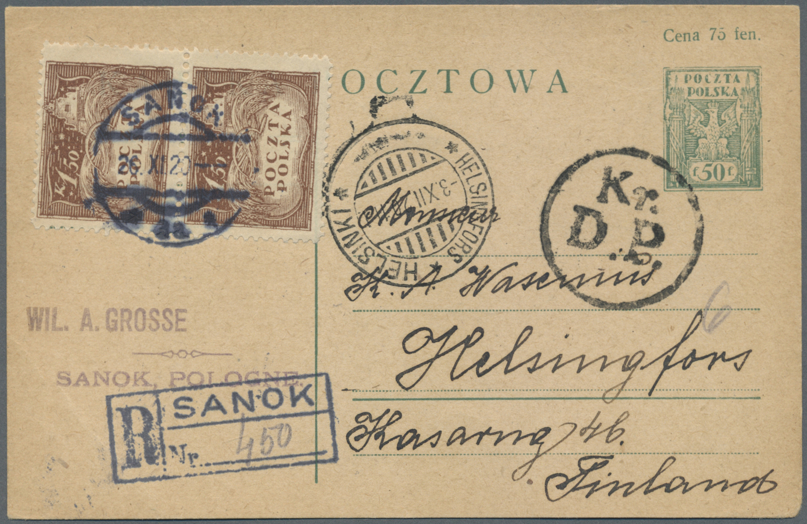 GA Polen - Ganzsachen: 1920, 50 (75) F. Postal Stationery Card With Additinoal Franking Vertical Pair 1,50 Kr. Br - Entiers Postaux