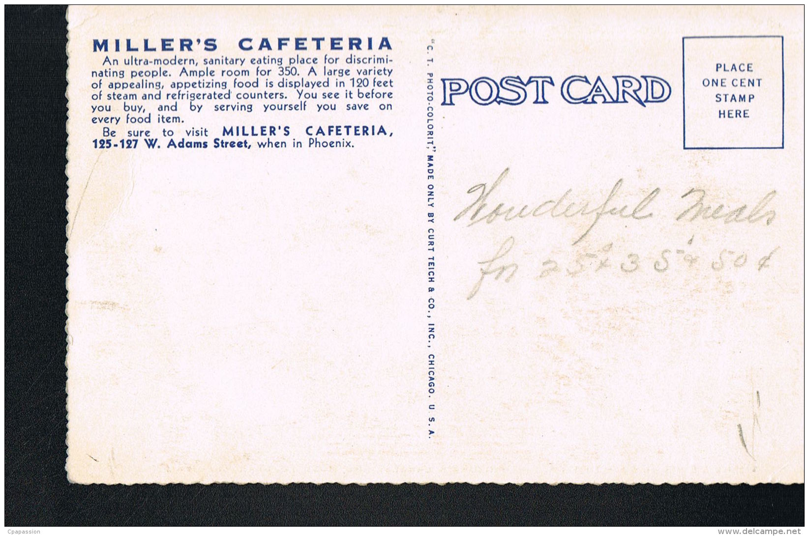 PHOENIX -ARIZONA  - Origninal Postcard MILLER'S CAFETERIA  - Scan Back Side - Paypal Free - Phönix