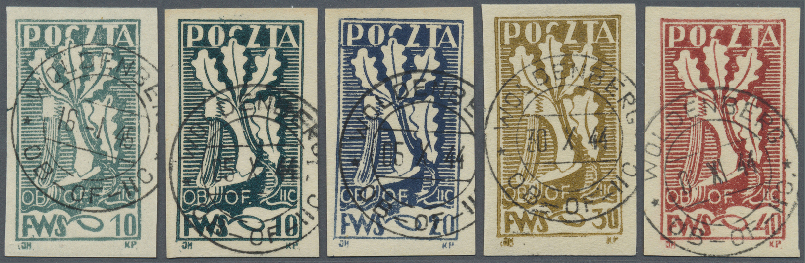 O Polen - Lagerpost: Woldenberg: 1944/1945. Komplette Serie "Odrastajacy Dab" (5 Werte), Sauber Rundgestempelt " - Autres & Non Classés