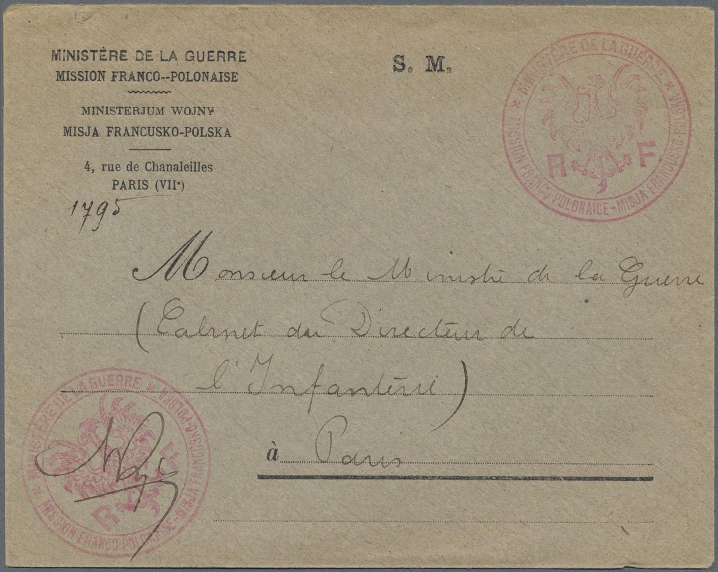 Br Polen - Besonderheiten: 1917. Stampless Envelope Headed 'Ministere De Ia Guerre/Mission Franco-Polonaise/4, Ru - Autres & Non Classés