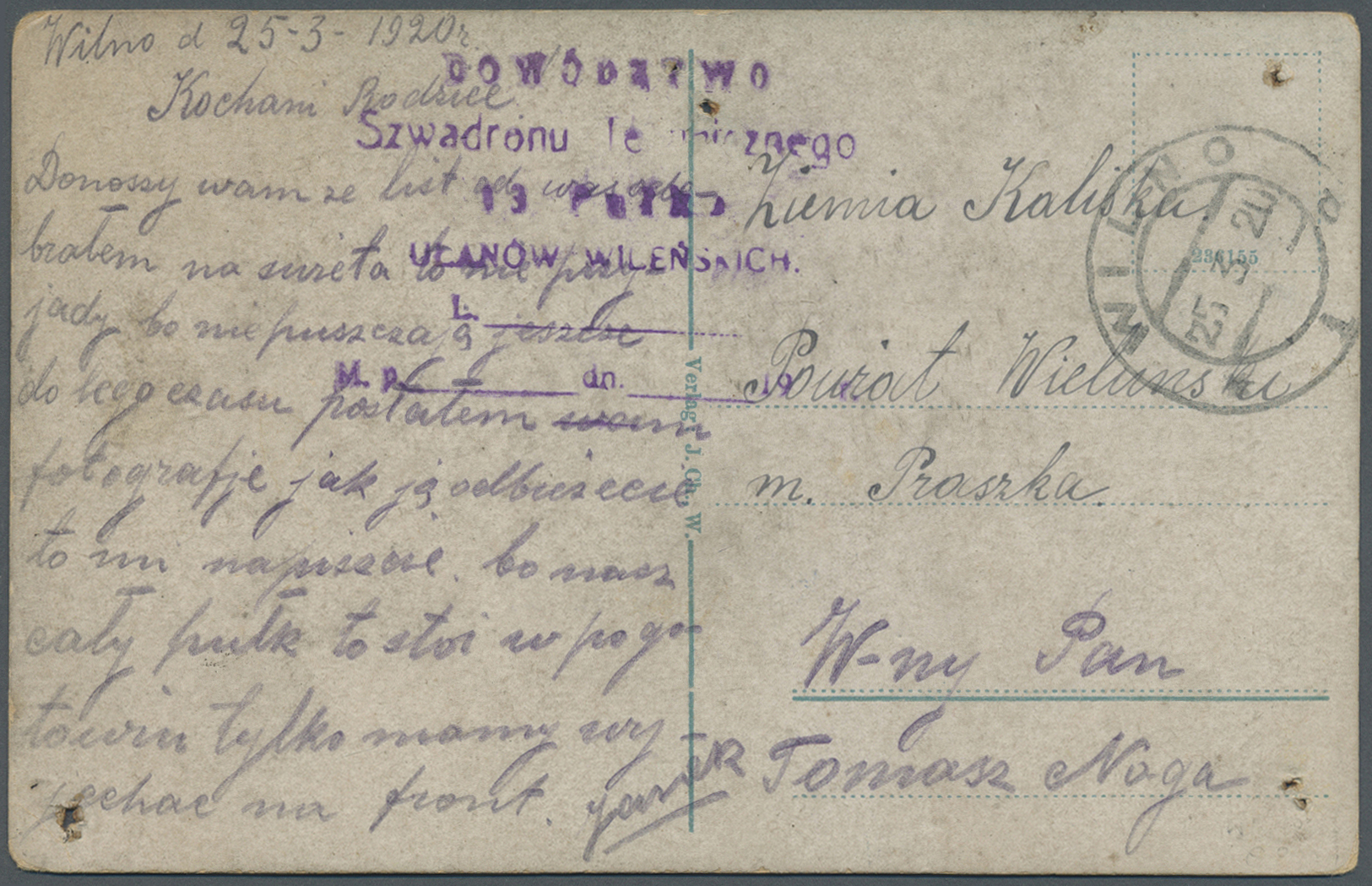Br Polen - Besonderheiten: 1920, Polish-Russian Bolschewics War, Fieldpost Card From "WILNO 25.3.20" With Sender - Autres & Non Classés