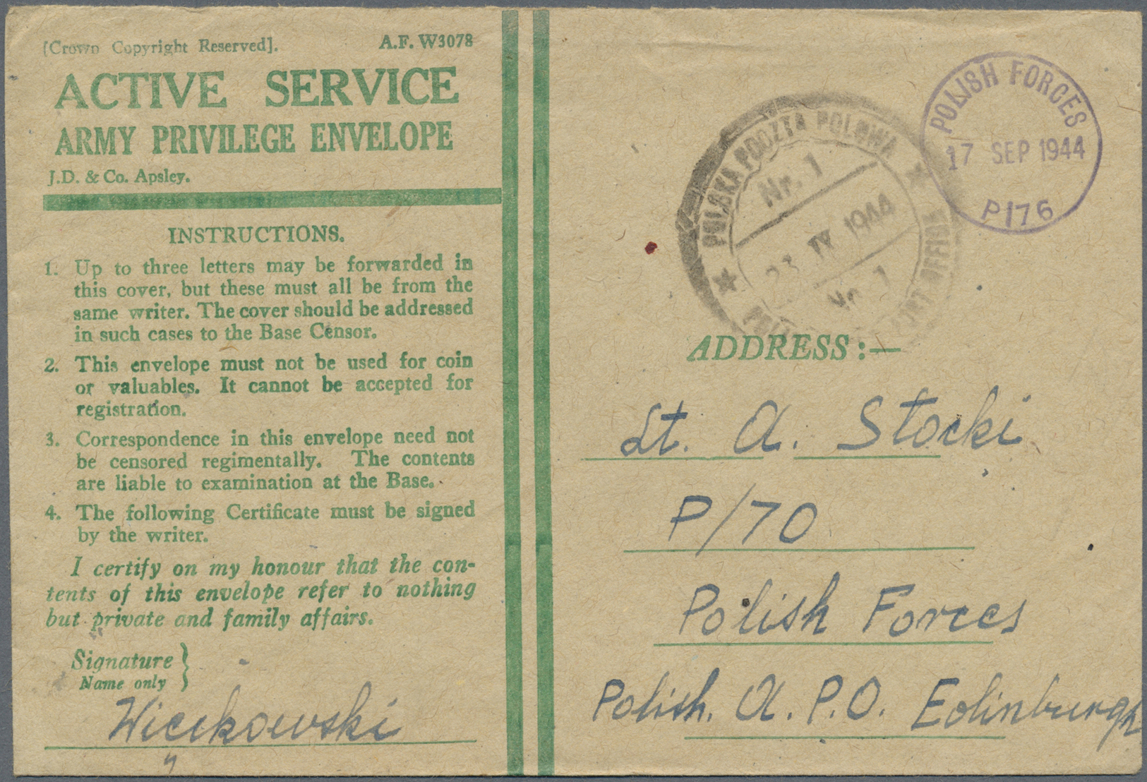 Br Polen - Besonderheiten: 1944. Stampless Envelope Headed 'Active Service/Army Privilege Envelope' Written From - Autres & Non Classés