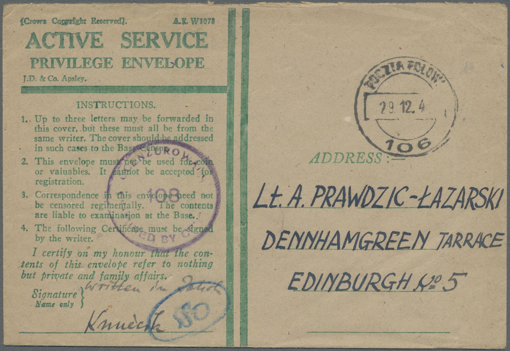 Br Polen - Besonderheiten: 1945. Stampless Envelope Headed 'Active Service/Army Privilege Envelope' Addressed To - Other & Unclassified