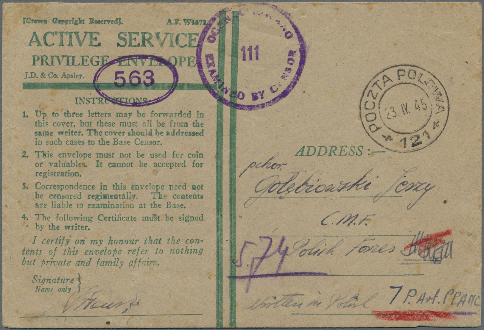 Br Polen - Besonderheiten: 1945. Stampless Envelope Headed 'Active Service/Army Privilege Envelope' Addressed To - Autres & Non Classés