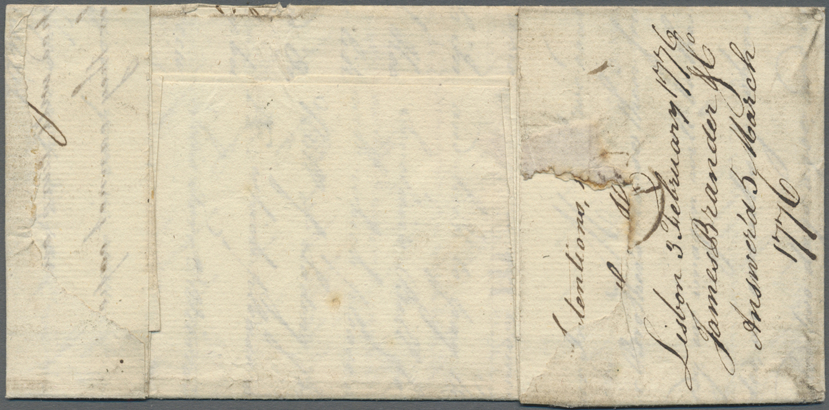 Br Portugal - Vorphilatelie: 1776. Pre-stamp Envelope (creases, Tears) Written From Lisbon Dated ‘3rd February 17 - ...-1853 Préphilatélie