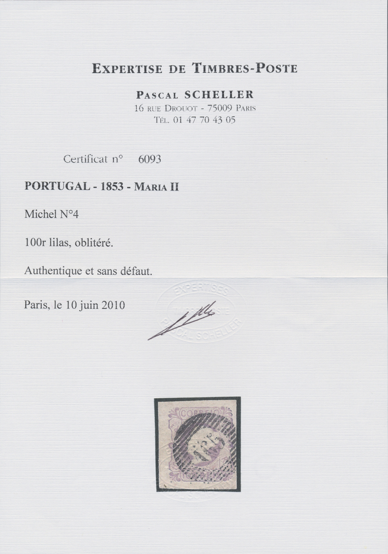 O Portugal: 1853, 100 R. Lila, Sehr Breitrandiges, Farbfrisches Luxusstück Mit Perfektem, Zentrischen NS "165". - Lettres & Documents