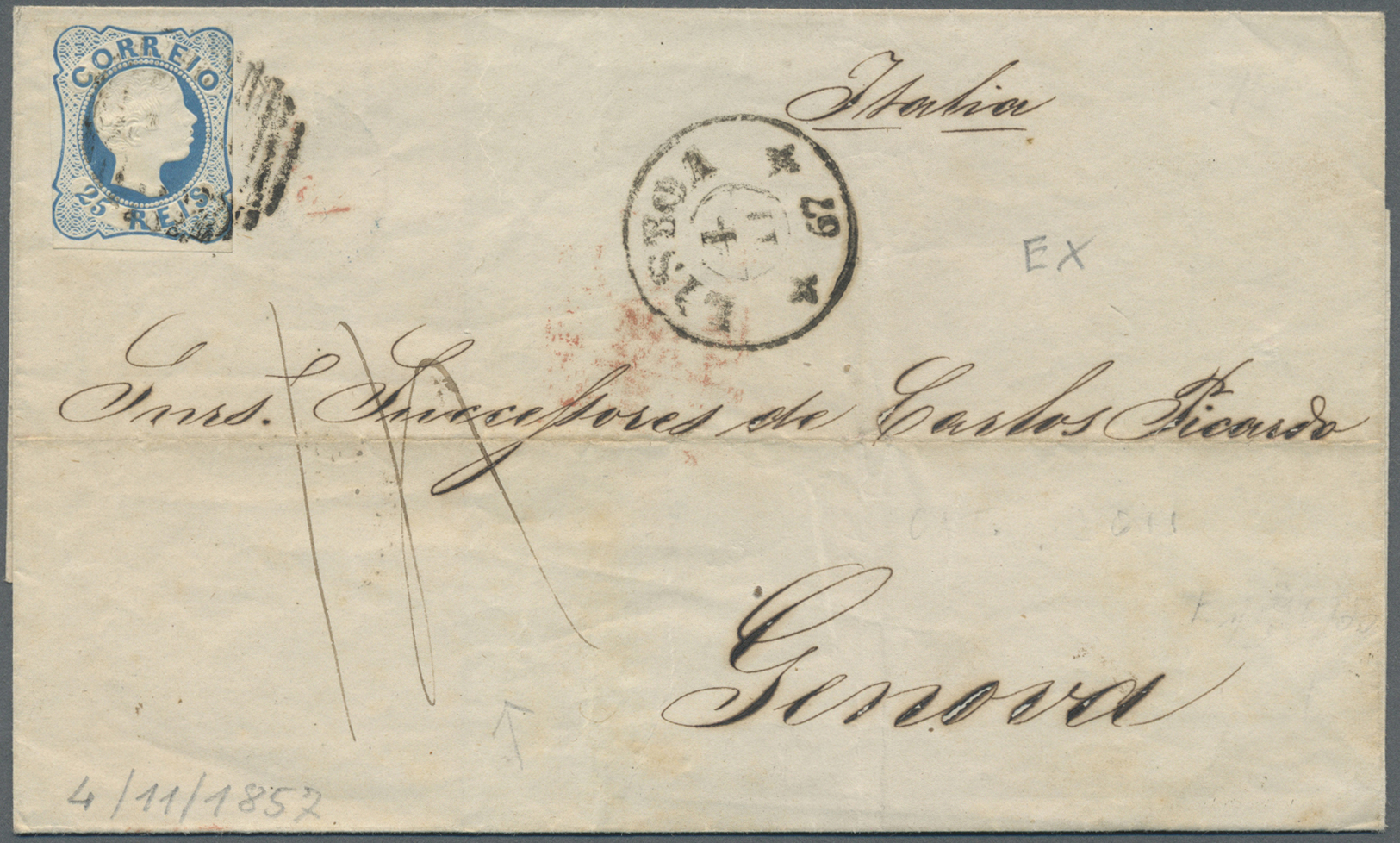 Br Portugal: 1857/1860, Two Items 25 R Rose And One 25 R Blue On Two Folded Letters From LISBOA Via BADAJOZ/Spain - Covers & Documents