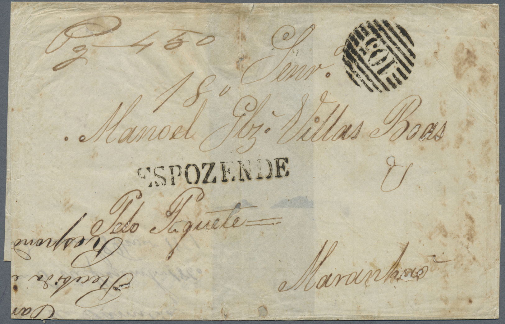 Br Portugal: 1860, Folded Entire (outer With Very Thin Paper) Used With Single-line ESPOZENDE Hs. And Barred Nume - Lettres & Documents
