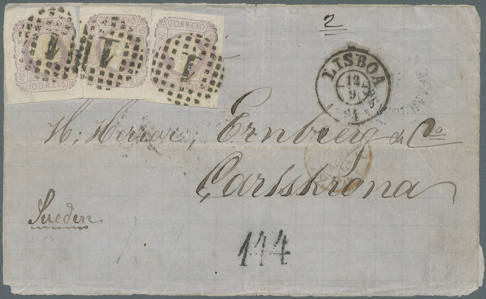 Br/Brrst Portugal: 1864. Cover Front (light Vertical Crease) Addressed To Sweden Bearing King Pedro V' SG 15, 100r Lila - Lettres & Documents