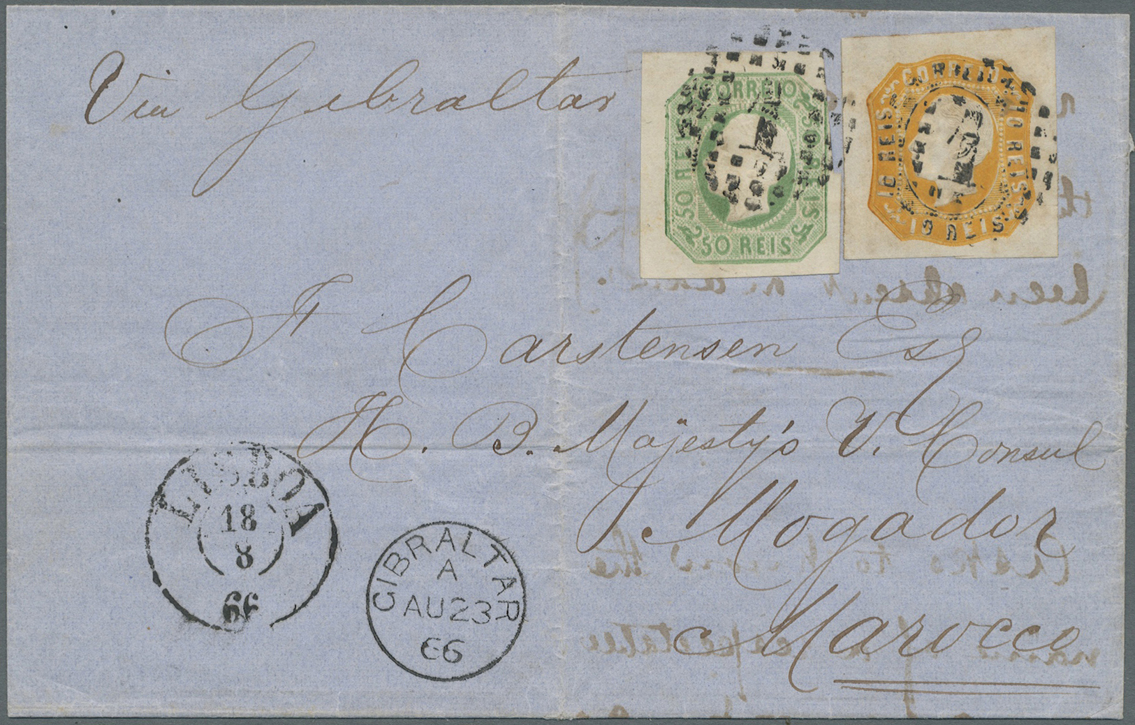 Br Portugal: 1866. Envelope (folded) Addressed To 'S. Carstensen, H.B. Majesty's Vice Consul, Mogador, Moroeco' B - Lettres & Documents