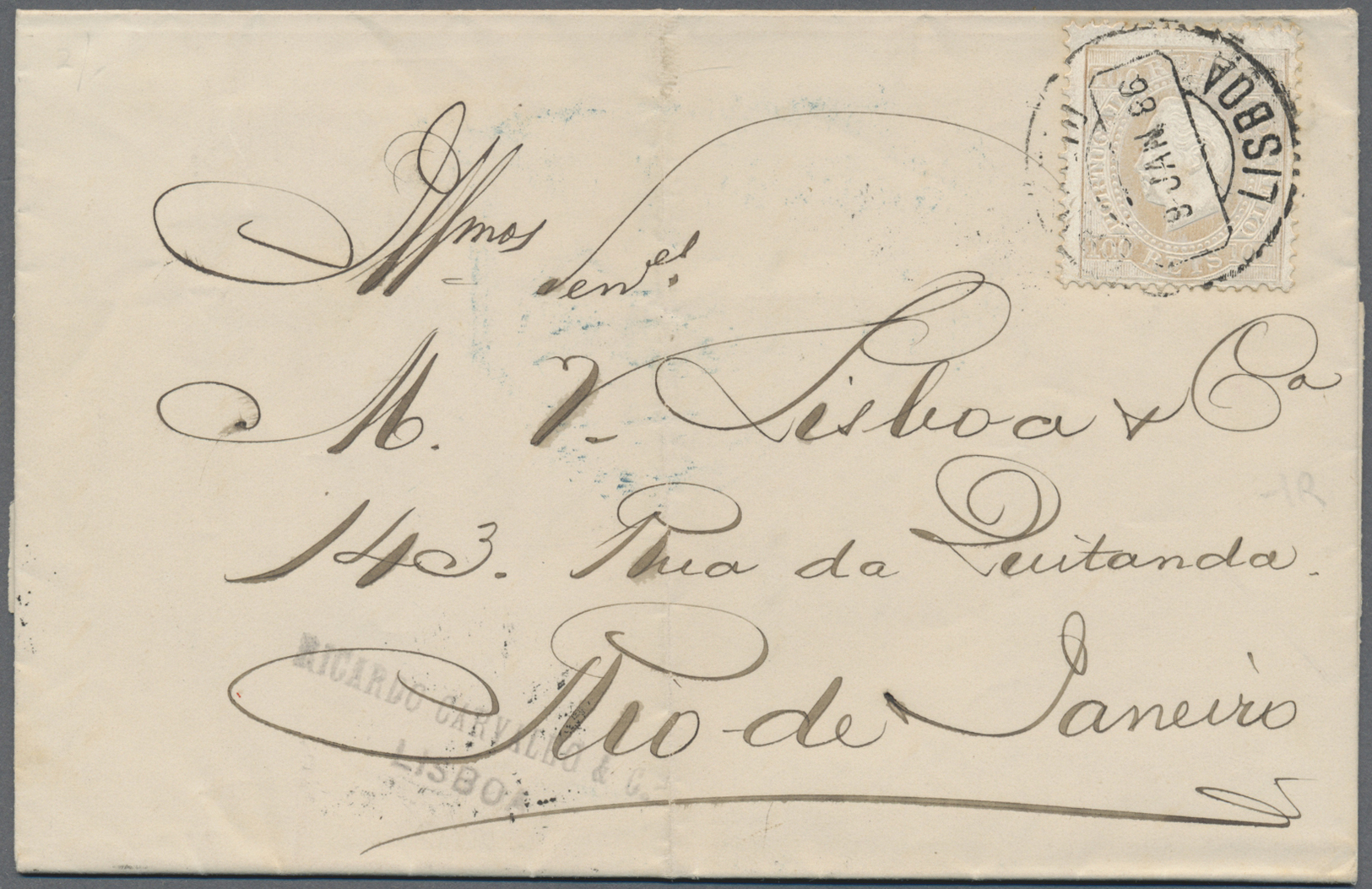 Br Portugal: 1886. Envelope (folds) Addressed To Brazil Bearing Yvert 44, 100r Lilac Tied By Lisboa Date Stamp Wi - Covers & Documents