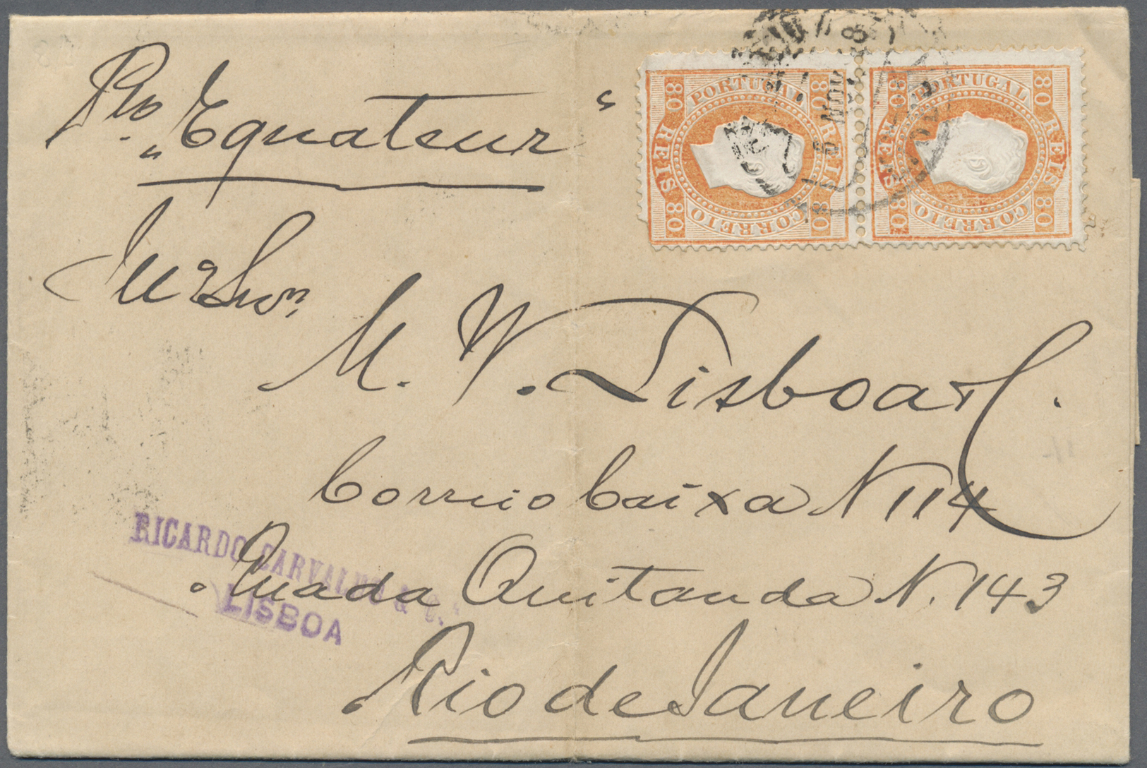 Br Portugal: 1888. Envelope (faults,vertical Fold) Addressed To Brazil Bearing Yvert 43, 80c Orange (pair) Tied B - Covers & Documents