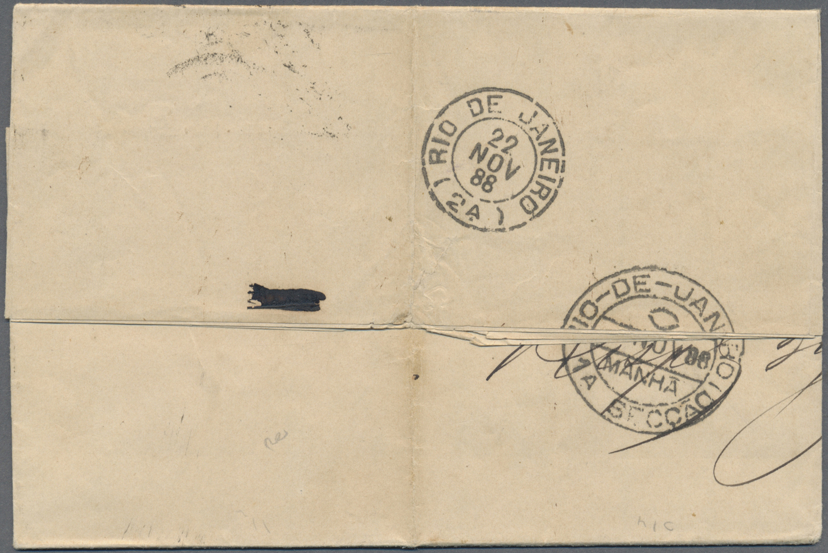 Br Portugal: 1888. Envelope (faults,vertical Fold) Addressed To Brazil Bearing Yvert 43, 80c Orange (pair) Tied B - Lettres & Documents