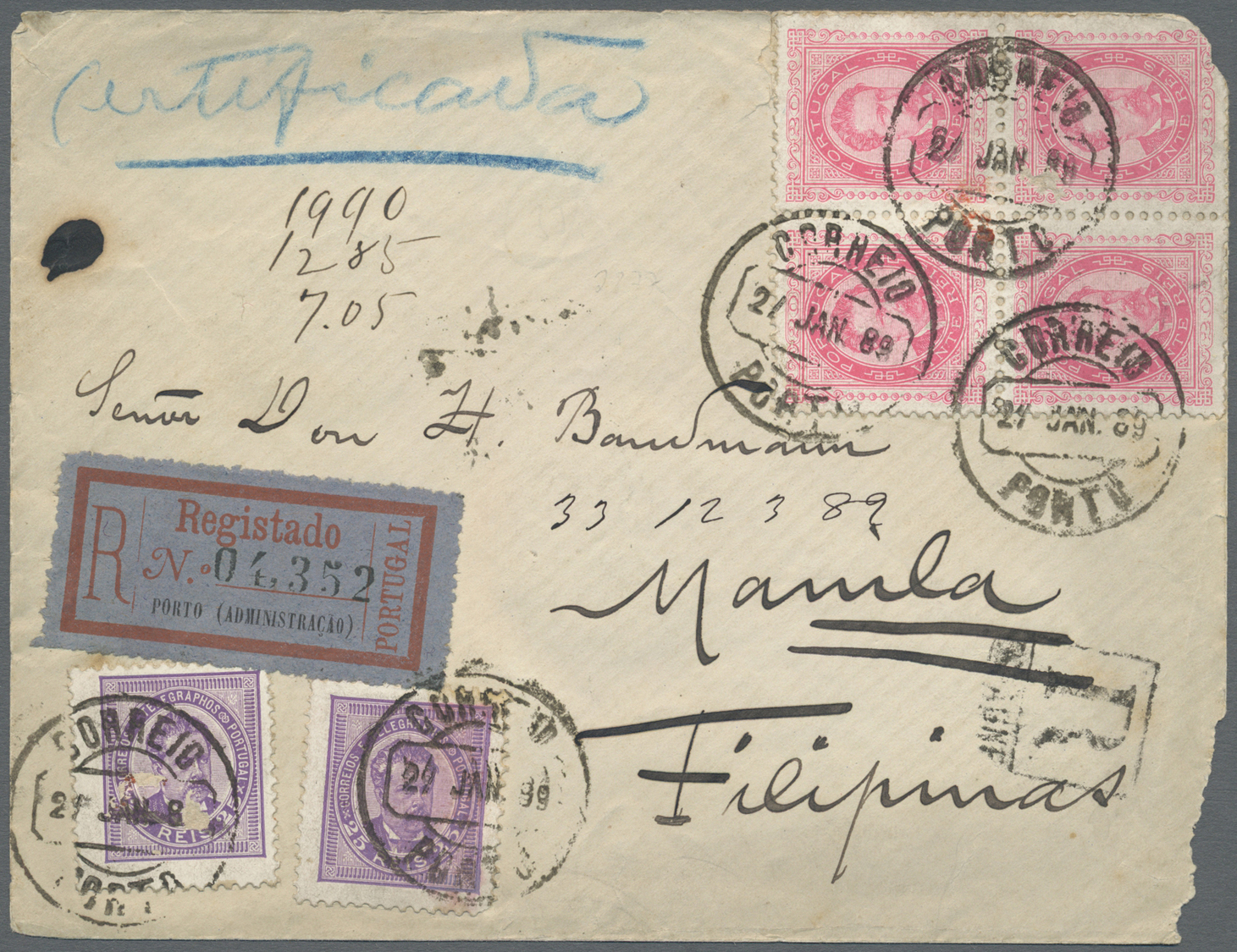 Br Portugal: 1889, Registered Letter (faults) From PORTO To Manila, Philippinen Franked With 20 R. King Louis In - Covers & Documents