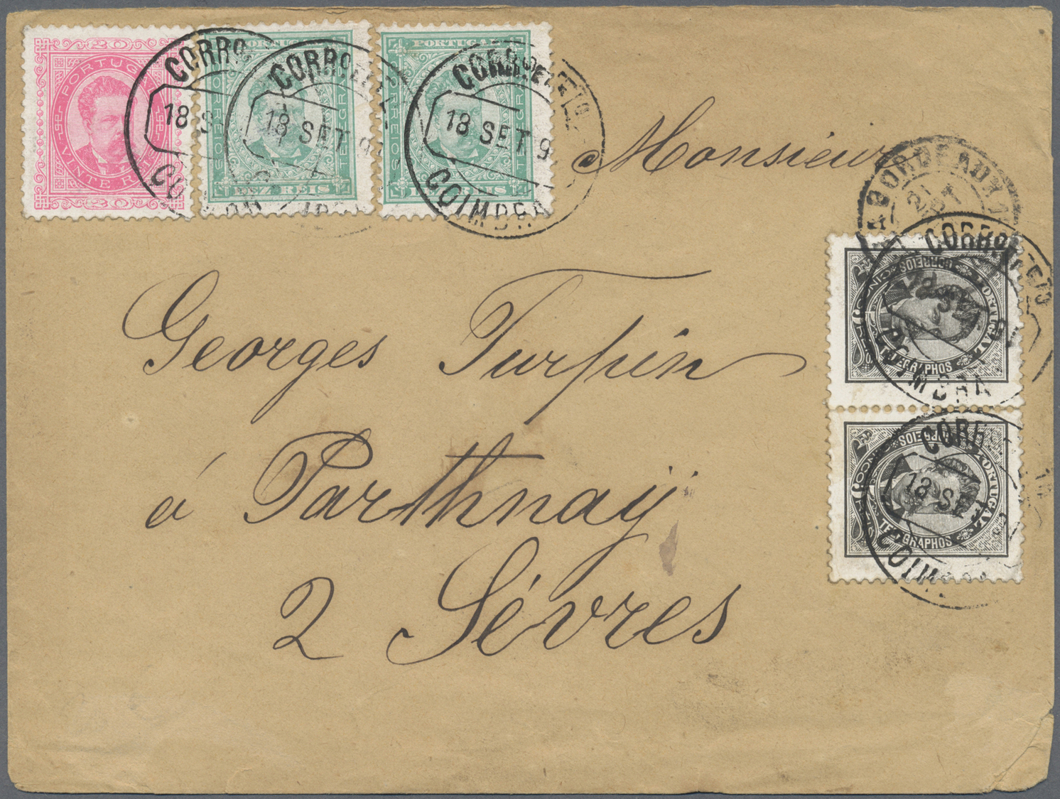 Br Portugal: 1891. Envelope (stains) To France Bearing Yvert 56, 5r Black (pair), Yvert 57, 10r Green (2) And Yve - Lettres & Documents