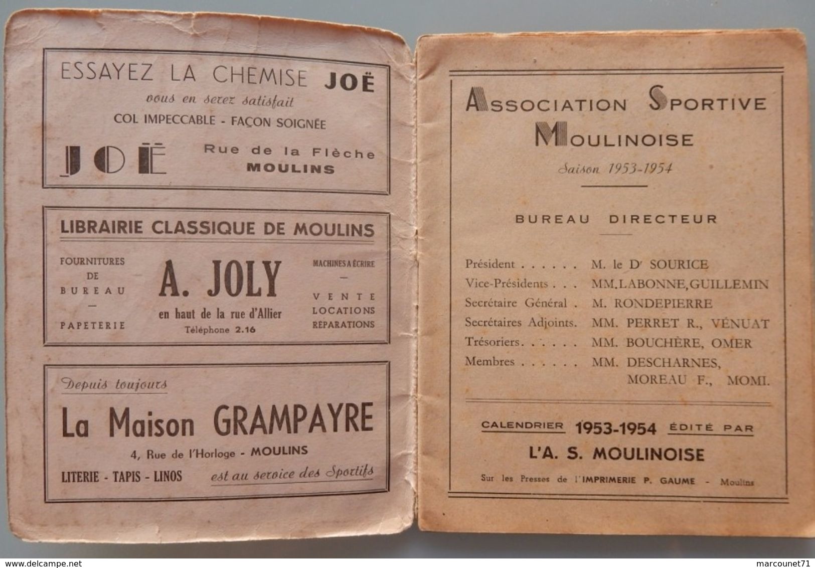 PETIT CALENDRIER ASSOCIATION SPORTIVE MOULINOISE 1953 1954 ASM FOOTBALL MOULINS PUBLICITÉ LOCAL ARTISANT - Petit Format : 1941-60